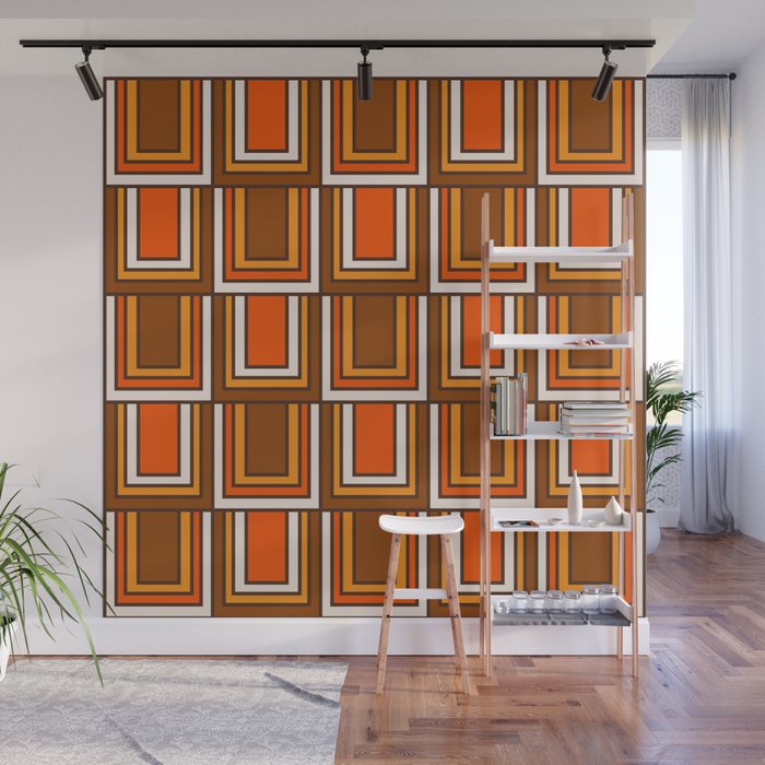 Retro 70s Brown and Orange Geometric Portes Pattern II Wall Mural Gallery Image 1