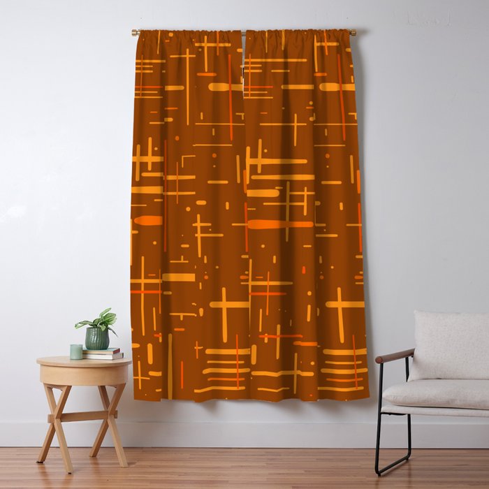 Mid-Century Modern Kinetikos Pattern in Retro 70s Brown Orange Window Curtain Gallery Image 1