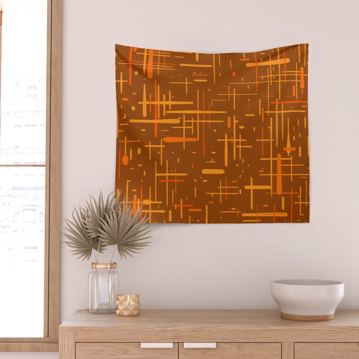 Mid-Century Modern Kinetikos Pattern in Retro 70s Brown Orange Wall Tapestry Gallery Image 2