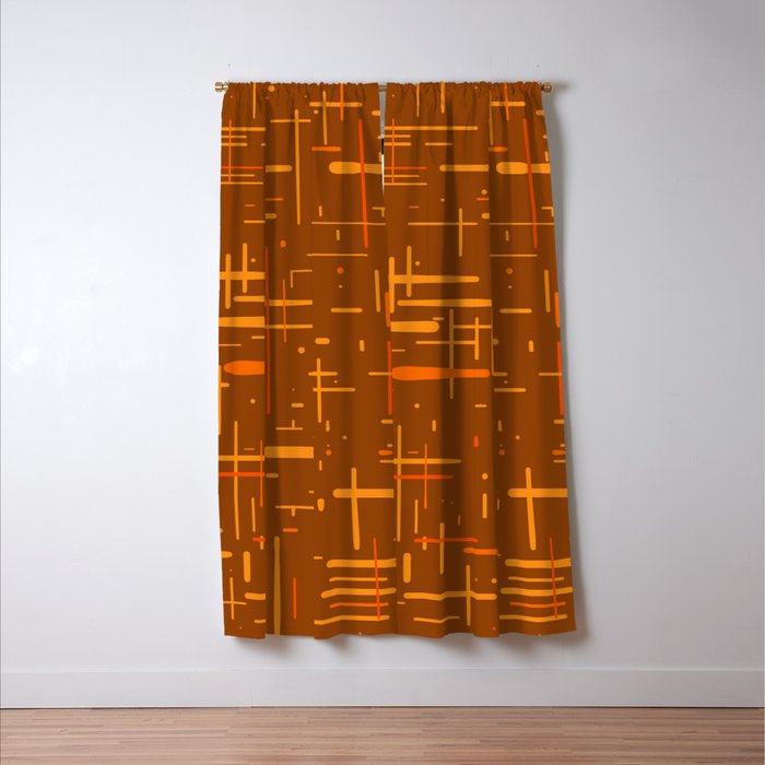 Mid-Century Modern Kinetikos Pattern in Retro 70s Brown Orange Window Curtain Gallery Image 3