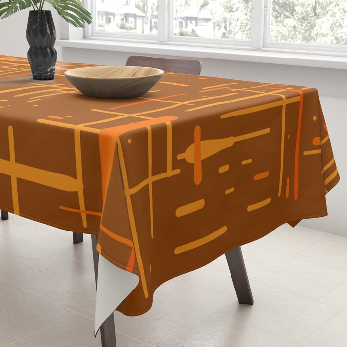 Mid-Century Modern Kinetikos Pattern in Retro 70s Brown Orange Tablecloth Gallery Image 3