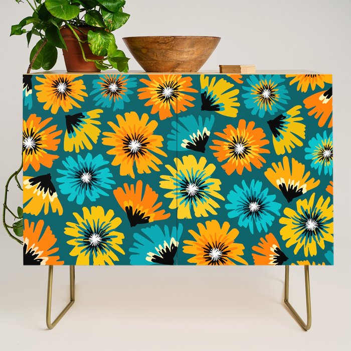 Teal Retro Summer Floral Credenza Gallery Image 1