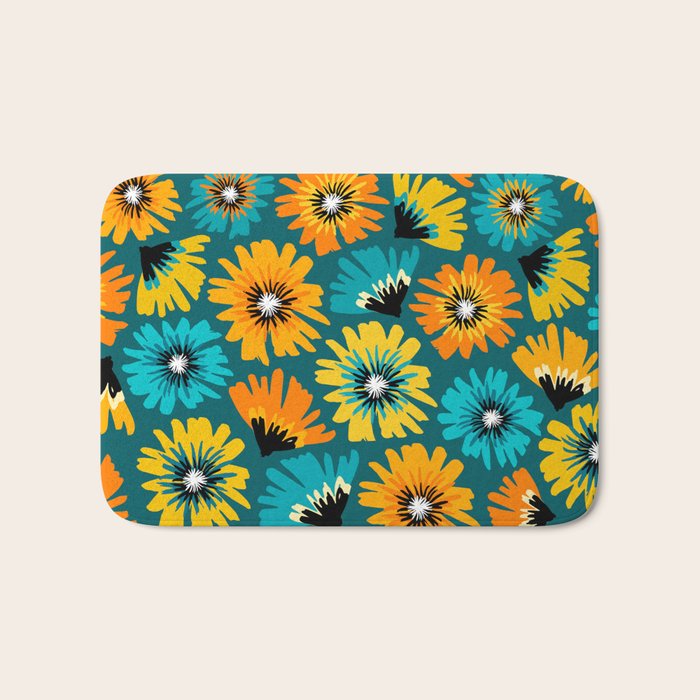 Teal Retro Summer Floral Bath Mat Gallery Image 1