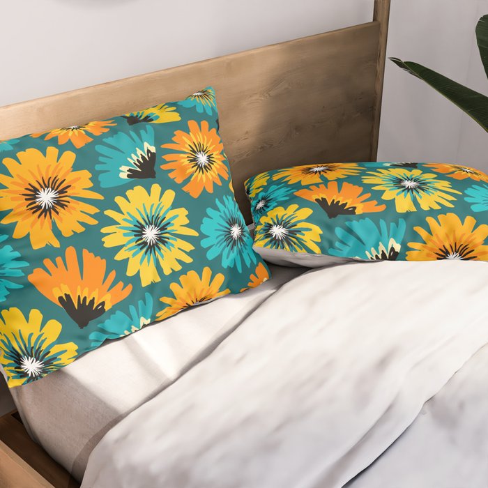 Teal Retro Summer Floral Pillow Sham Gallery Image 2