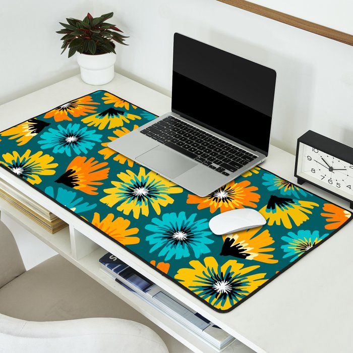 Teal Retro Summer Floral Desk Mat Gallery Image 2