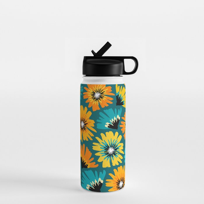 Teal Retro Summer Floral Water Bottle Gallery Image 1