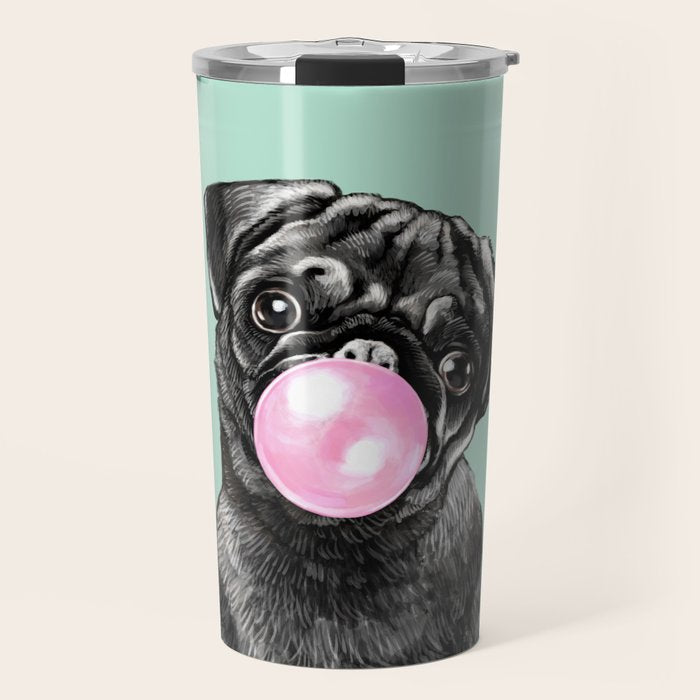 Bubble Gum Black Pug in Green Travel Mug Gallery Image 1