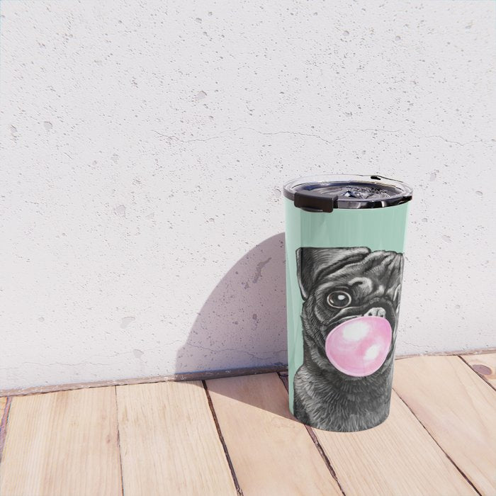 Bubble Gum Black Pug in Green Travel Mug Gallery Image 4
