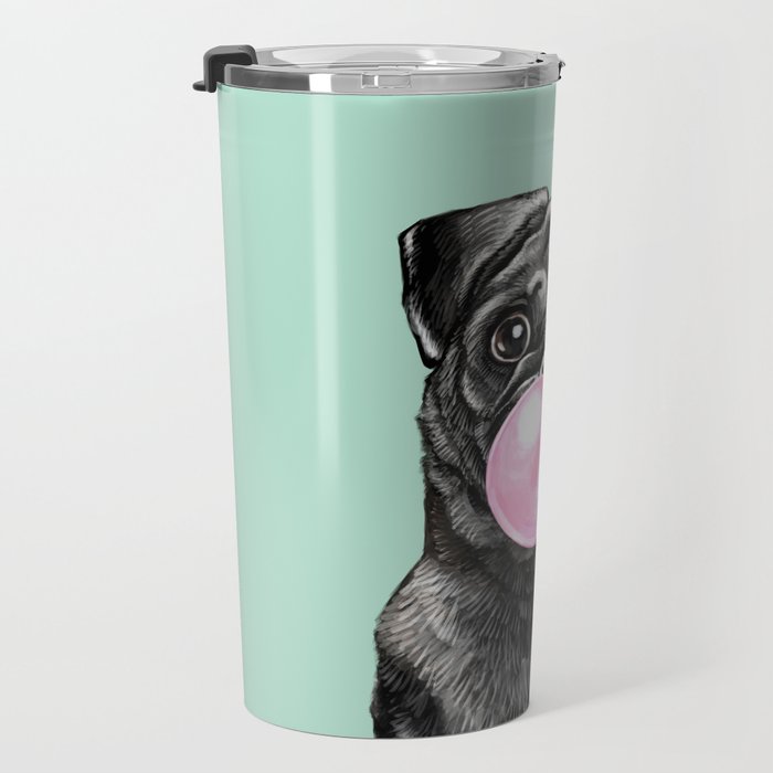 Bubble Gum Black Pug in Green Travel Mug Gallery Image 3