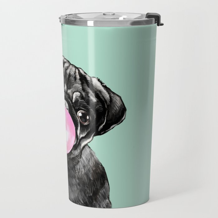Bubble Gum Black Pug in Green Travel Mug Gallery Image 2