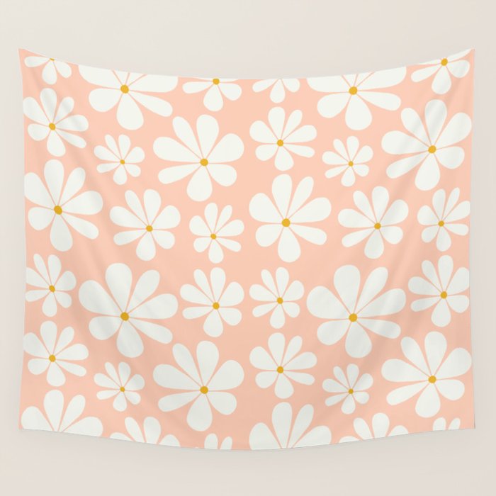 Retro Daisy Pattern - Peach Pink Wall Tapestry Gallery Image 4