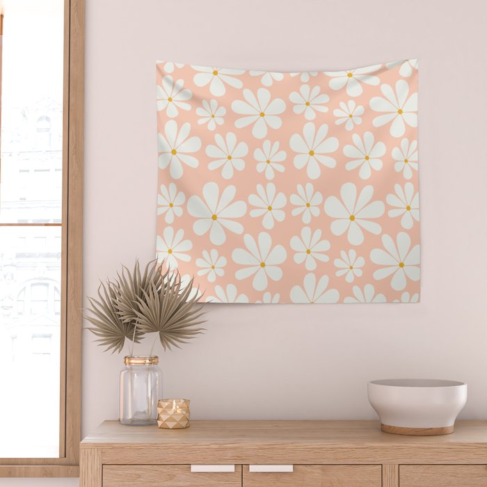 Retro Daisy Pattern - Peach Pink Wall Tapestry Gallery Image 2