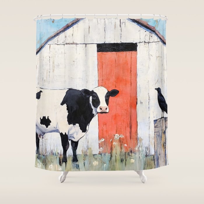Cow and Crow Rustic Watercolor Shower Curtain Gallery Image 1