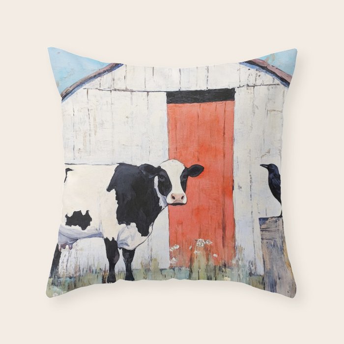 Cow and Crow Rustic Watercolor Throw Pillow Gallery Image 6