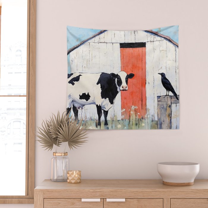 Cow and Crow Rustic Watercolor Wall Tapestry Gallery Image 2
