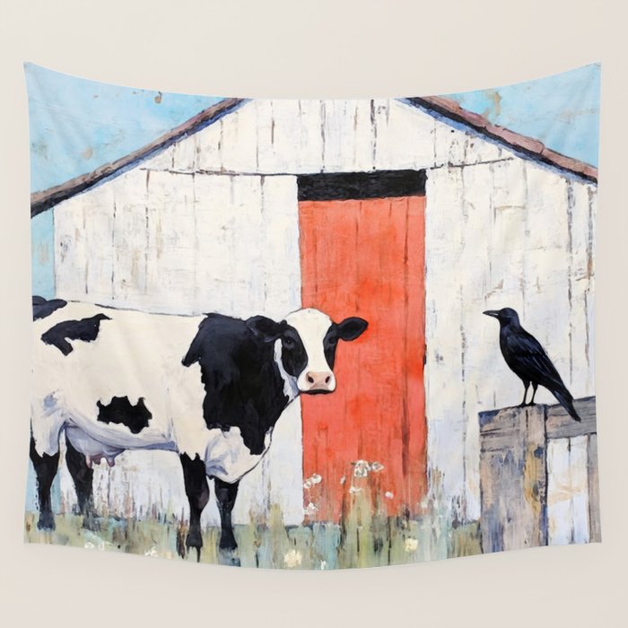 Cow and Crow Rustic Watercolor Wall Tapestry Gallery Image 4
