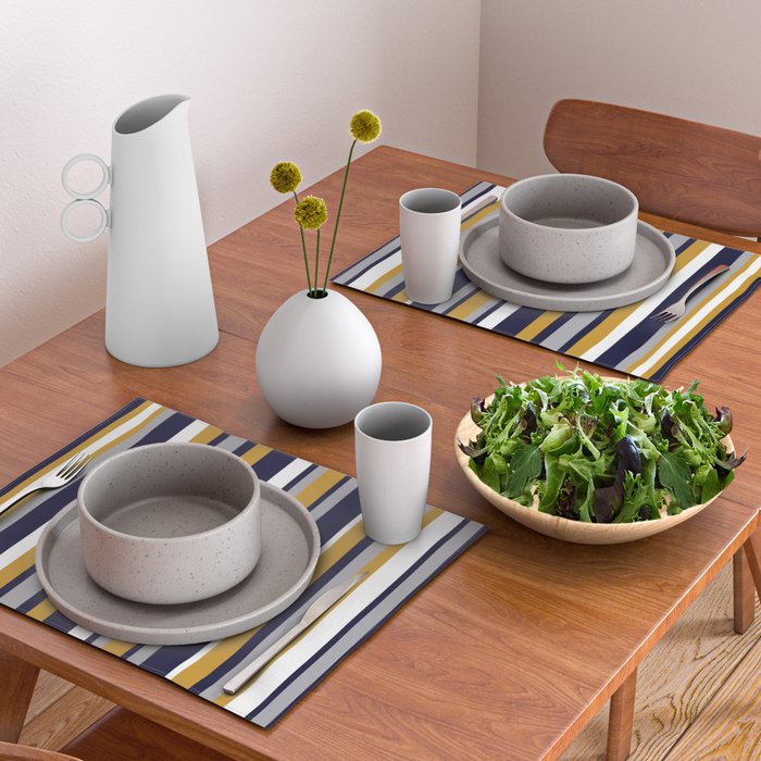 Modern Stripes in Mustard Yellow, Navy Blue, Gray, and White. Minimalist Color Block Placemat Gallery Image 2