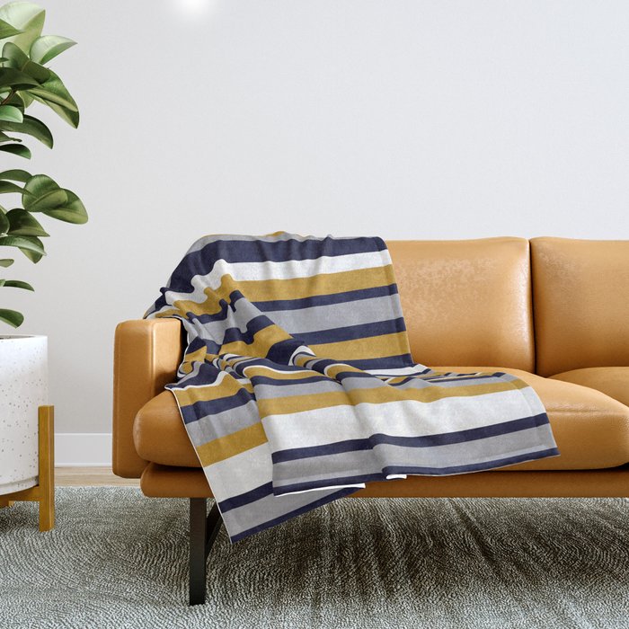 Modern Stripes in Mustard Yellow, Navy Blue, Gray, and White. Minimalist Color Block Throw Blanket Gallery Image 1