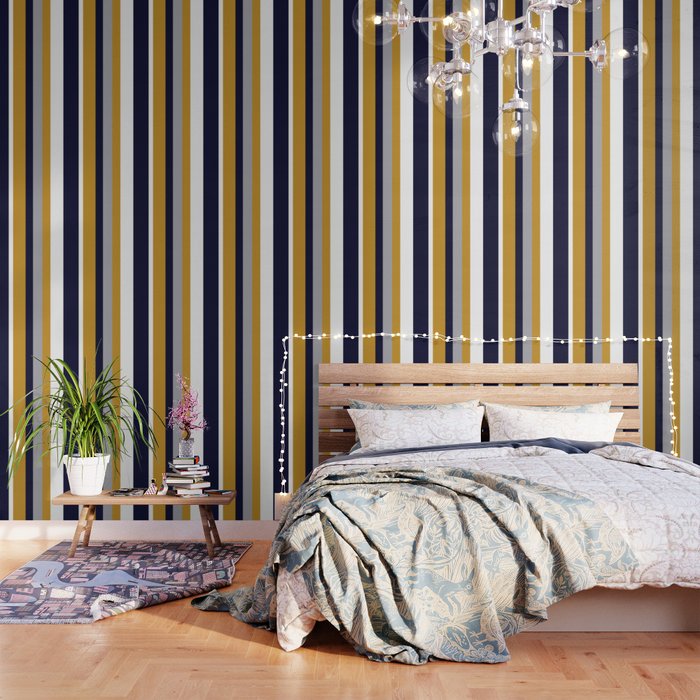 Modern Stripes in Mustard Yellow, Navy Blue, Gray, and White. Minimalist Color Block Wallpaper Gallery Image 3