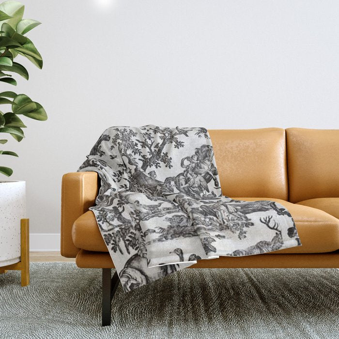 Antique 18th Century French Vintage Toile de Jouy Black & White Throw Blanket Gallery Image 1