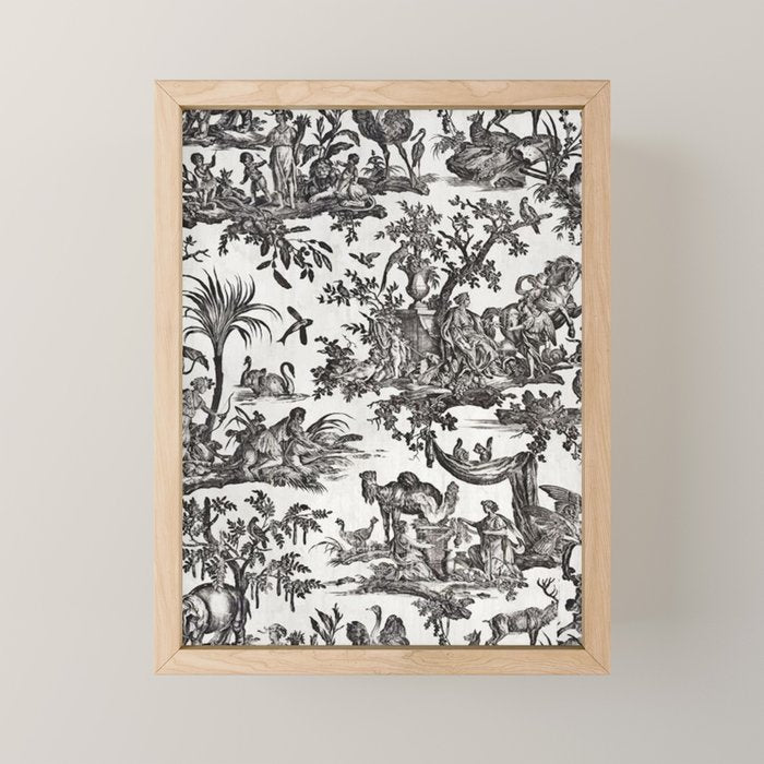 Antique 18th Century French Vintage Toile de Jouy Black & White Mini Art Print Gallery Image 1