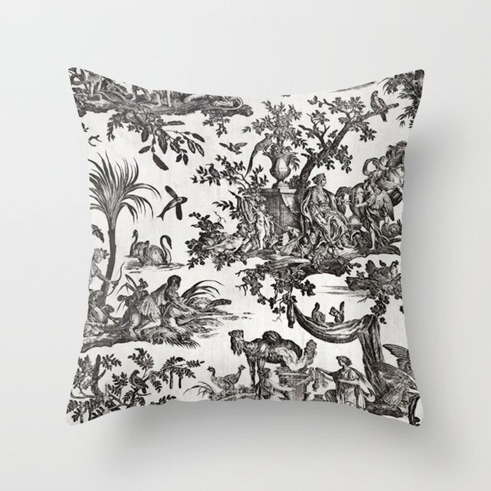 Antique 18th Century French Vintage Toile de Jouy Black & White Throw Pillow Gallery Image 1