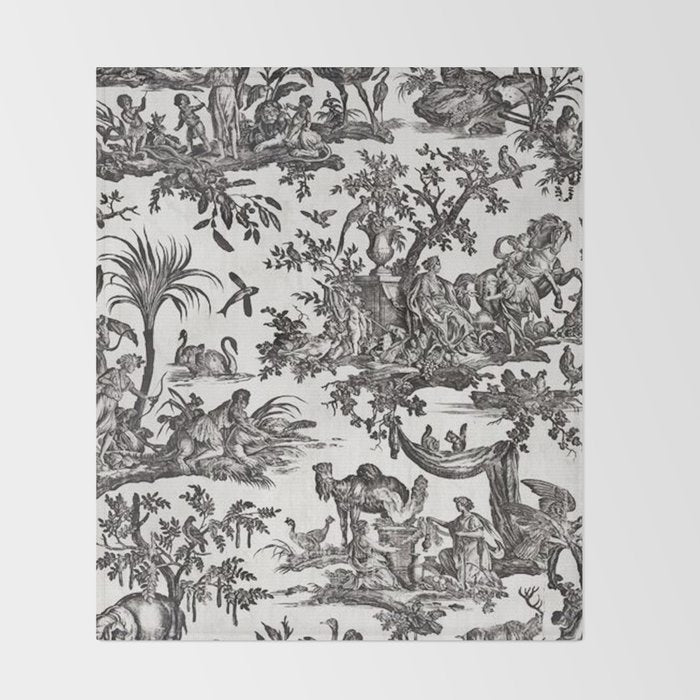 Antique 18th Century French Vintage Toile de Jouy Black & White Throw Blanket Gallery Image 2