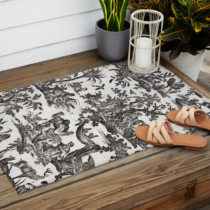 Antique 18th Century French Vintage Toile de Jouy Black & White Outdoor Rug Gallery Image 2