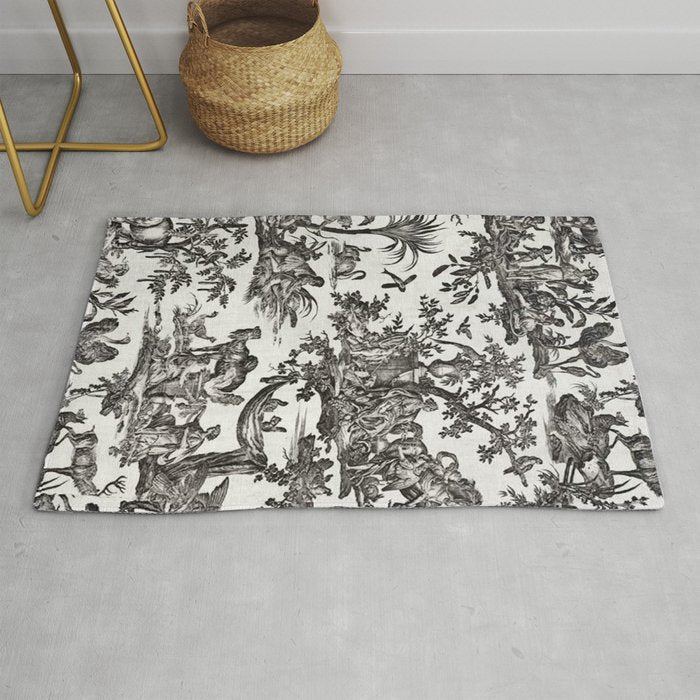 Antique 18th Century French Vintage Toile de Jouy Black & White Rug Gallery Image 1