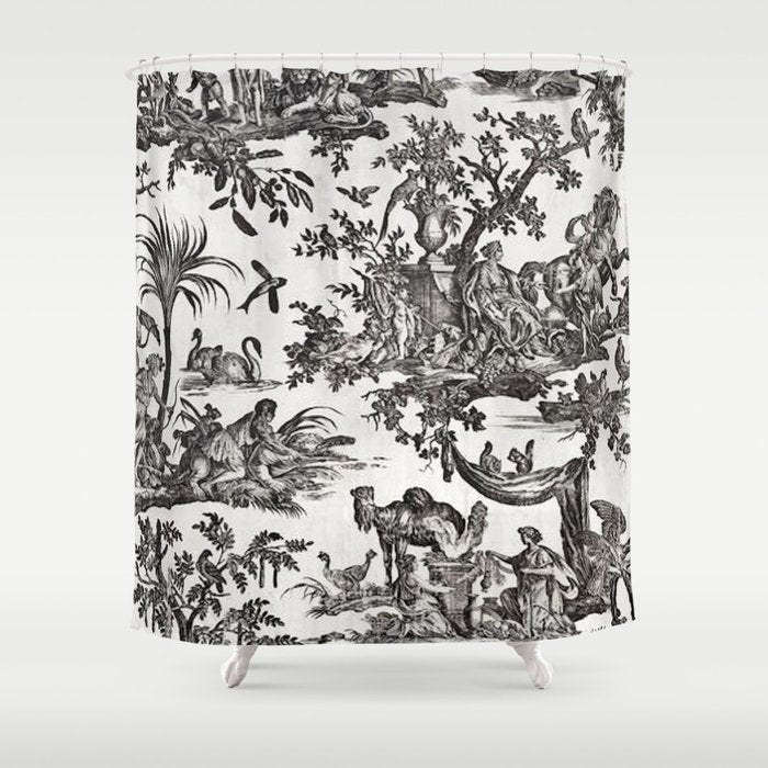 Antique 18th Century French Vintage Toile de Jouy Black & White Shower Curtain Gallery Image 1
