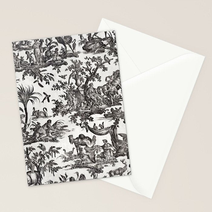 Antique 18th Century French Vintage Toile de Jouy Black & White Stationery Card Gallery Image 2