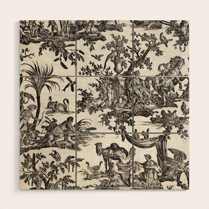 Antique 18th Century French Vintage Toile de Jouy Black & White Wood Wall Art Gallery Image 1