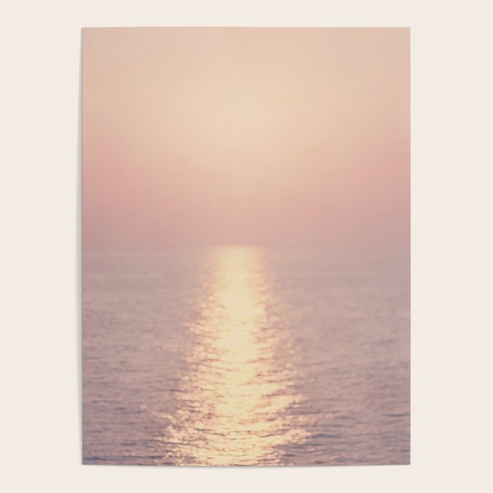 Golden Sunset - Aerial Ocean - Rose Pink Sky - Horizon - Sea Travel photography by Ingrid Beddoes Poster Gallery Image 1