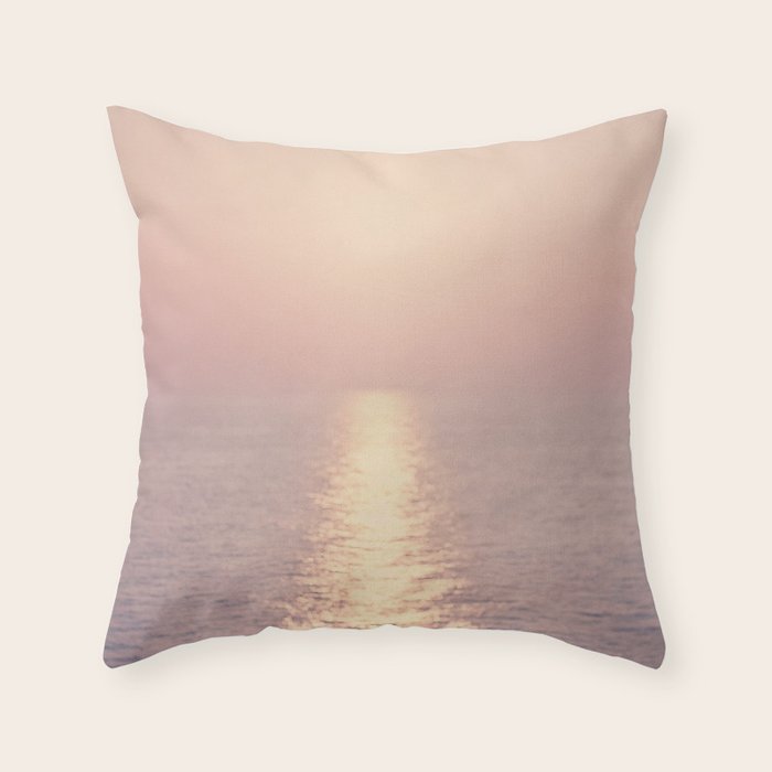 Golden Sunset - Aerial Ocean - Rose Pink Sky - Horizon - Sea Travel photography by Ingrid Beddoes Throw Pillow Gallery Image 1