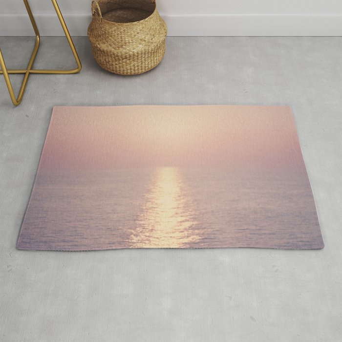 Golden Sunset - Aerial Ocean - Rose Pink Sky - Horizon - Sea Travel photography by Ingrid Beddoes Rug Gallery Image 1