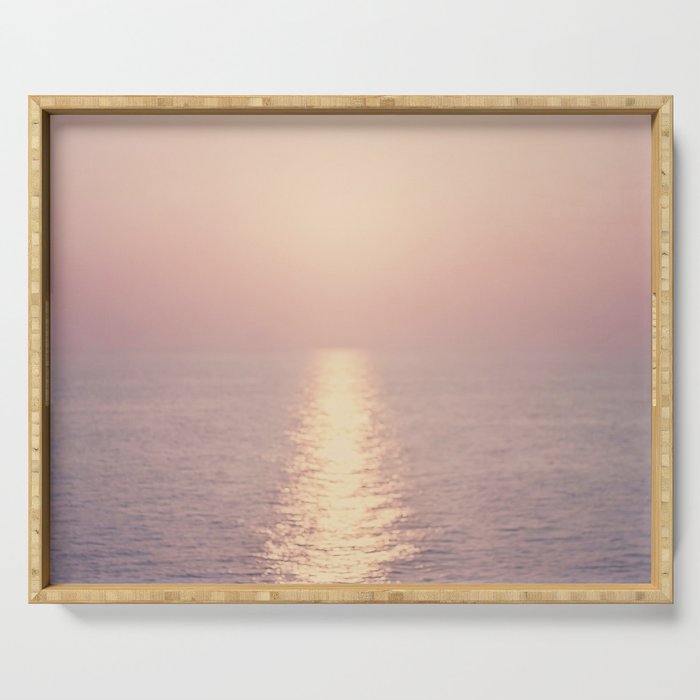 Golden Sunset - Aerial Ocean - Rose Pink Sky - Horizon - Sea Travel photography by Ingrid Beddoes Serving Tray Gallery Image 1
