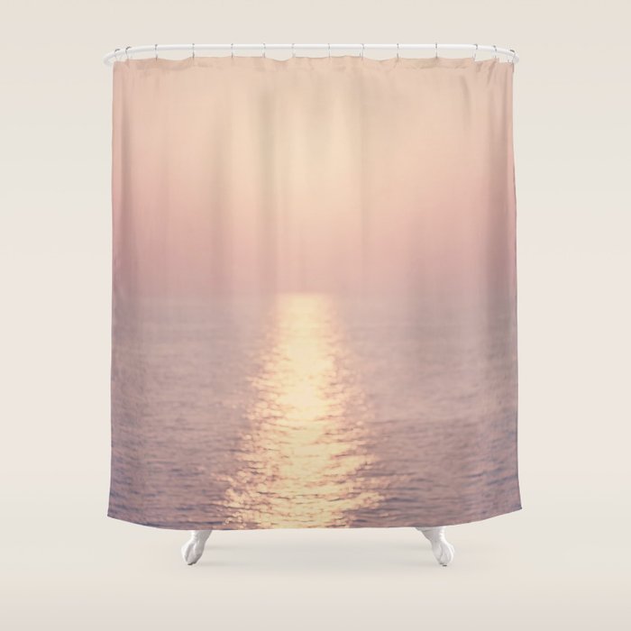 Golden Sunset - Aerial Ocean - Rose Pink Sky - Horizon - Sea Travel photography by Ingrid Beddoes Shower Curtain Gallery Image 1