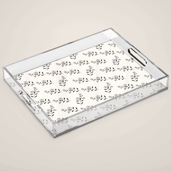 Abstract Rose Pattern - Black and Ivory Acrylic Tray Gallery Image 1