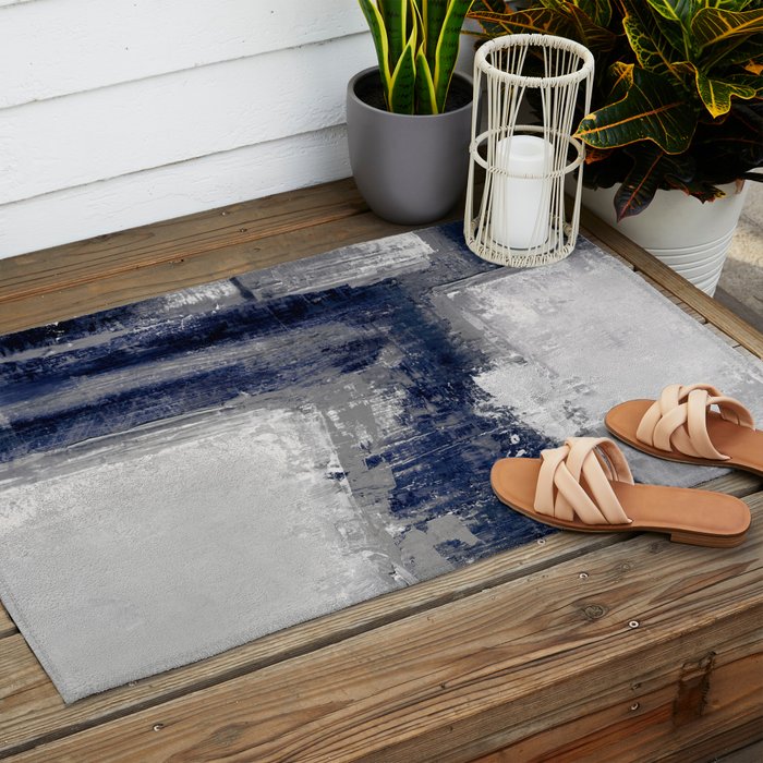 Blue and Gray Abstract Painting  Modern Textured Artwork Outdoor Rug Gallery Image 2