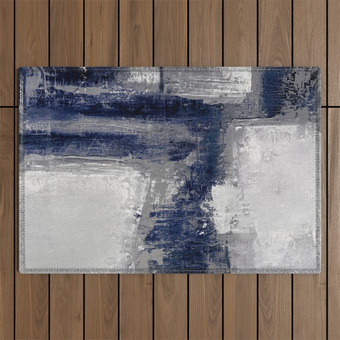 Blue and Gray Abstract Painting  Modern Textured Artwork Outdoor Rug Gallery Image 1
