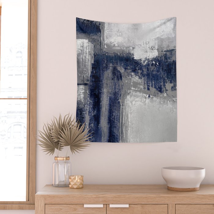 Blue and Gray Abstract Painting  Modern Textured Artwork Wall Tapestry Gallery Image 2