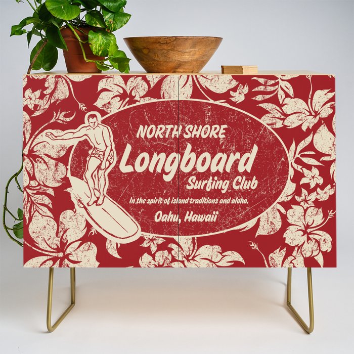 Club Surfing Longboard Surf Logo and Hibiscus Hawaiian Print      Credenza Gallery Image 1