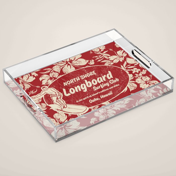 Club Surfing Longboard Surf Logo and Hibiscus Hawaiian Print      Acrylic Tray Gallery Image 1