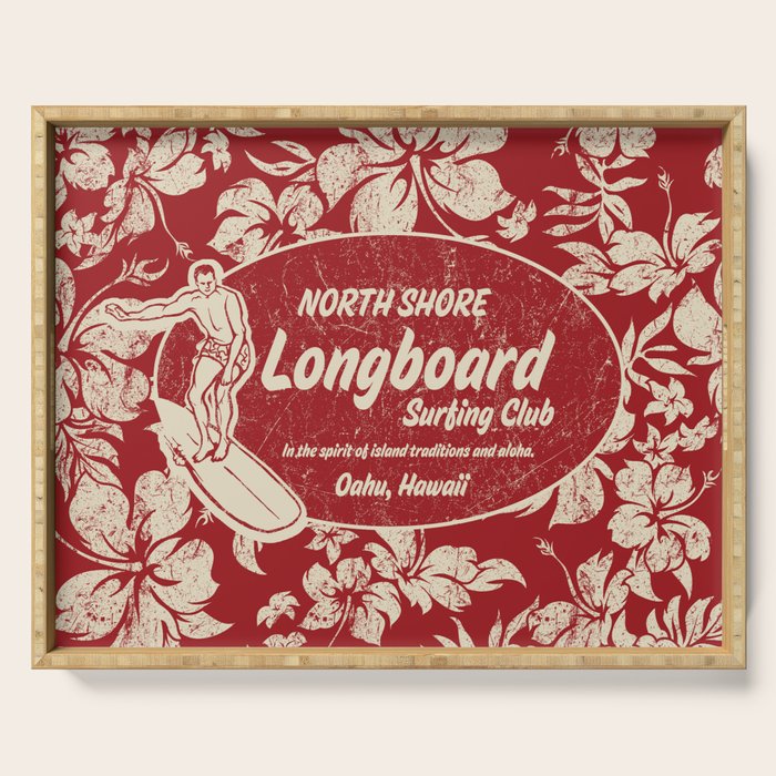 Club Surfing Longboard Surf Logo and Hibiscus Hawaiian Print      Serving Tray Gallery Image 1