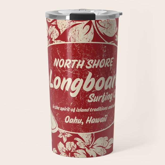 Club Surfing Longboard Surf Logo and Hibiscus Hawaiian Print      Travel Mug Gallery Image 1