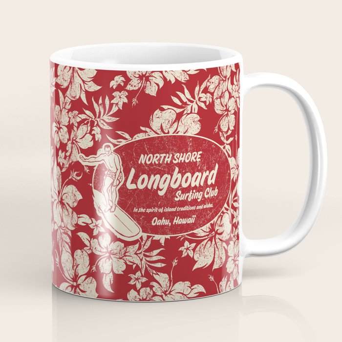 Club Surfing Longboard Surf Logo and Hibiscus Hawaiian Print      Coffee Mug Gallery Image 1