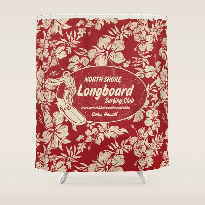 Club Surfing Longboard Surf Logo and Hibiscus Hawaiian Print      Shower Curtain Gallery Image 1