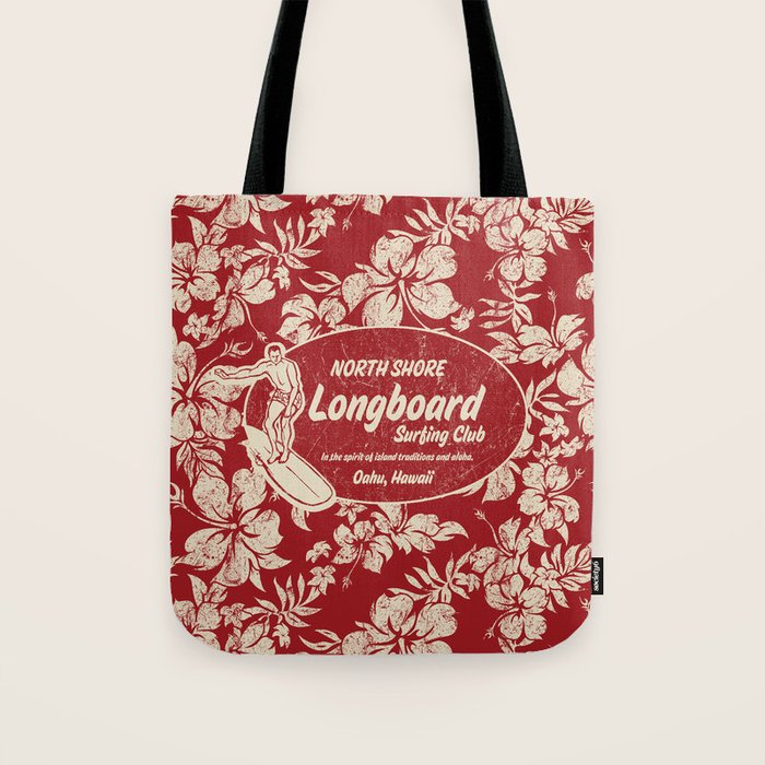 Club Surfing Longboard Surf Logo and Hibiscus Hawaiian Print      Tote Bag Gallery Image 1