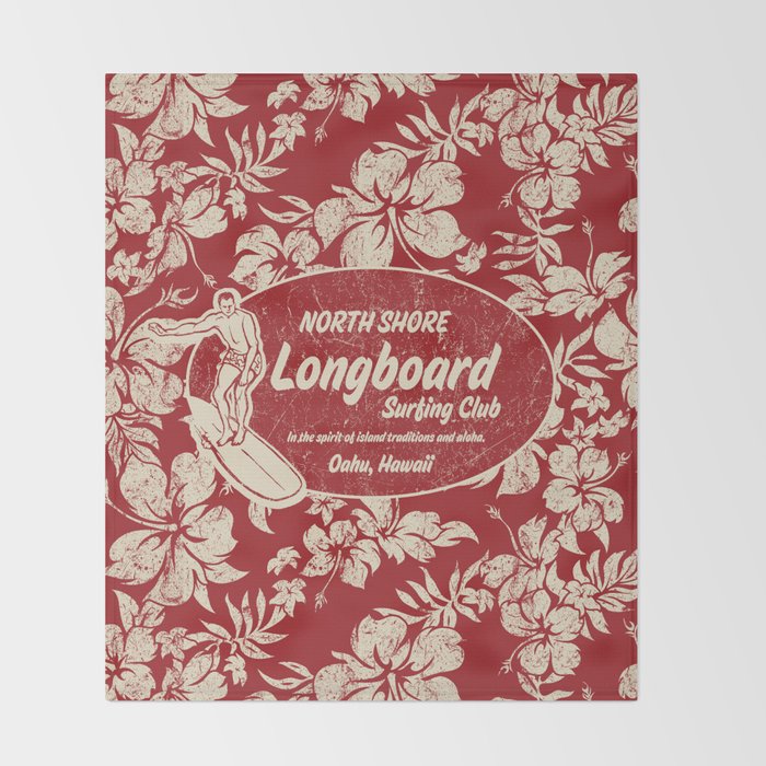 Club Surfing Longboard Surf Logo and Hibiscus Hawaiian Print      Throw Blanket Gallery Image 2
