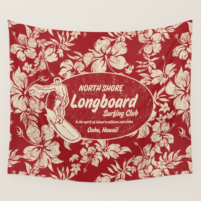 Club Surfing Longboard Surf Logo and Hibiscus Hawaiian Print      Wall Tapestry Gallery Image 4